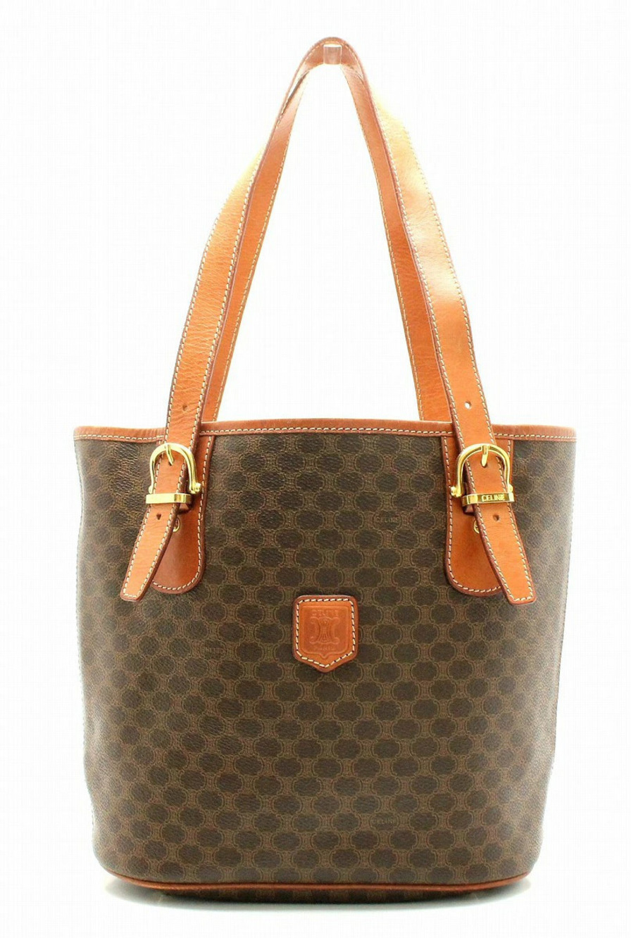 Celine Macadam Tote Bag Shoulder Strap Leather Brown Dark